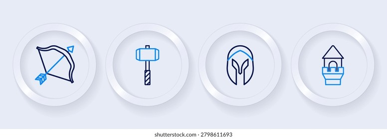 Set line Castle tower, Medieval helmet, Battle hammer and bow and arrow icon. Vector