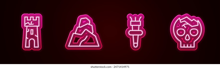 Set line Burgturm, Rock Steine, Fackelflamme und kaputten menschlichen Schädel. Leuchtendes Neon-Symbol. Vektorgrafik
