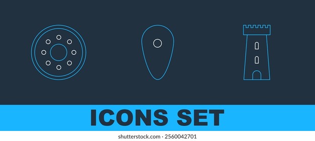 Set line Castle tower, Round wooden shield and Shield icon. Vector