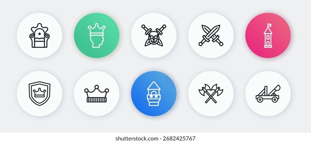 Set Linie Burgturm, Schild mit Krone, Kreuzte Mittelalterliche Achsen, Schwert, Schädel, Mittelalterliches Katapult und König Ikone. Vektorgrafik