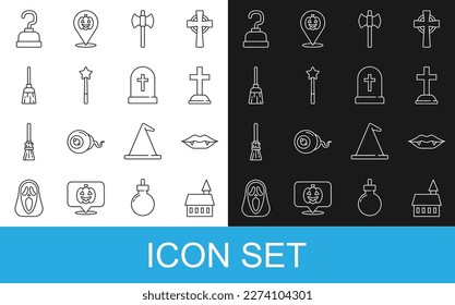 Set line Castle, Vampire teeth, Tombstone with cross, Wooden axe, Magic wand, Witches broom, Pirate hook and  icon. Vector