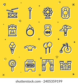 Set line Castle, Vintage bicycle, Hot air balloon, Ferris wheel, Circus fire hoop, Ticket box office, Drum with drum sticks and Weight icon. Vector