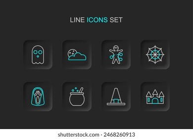 Set line Castle, Witch hat, Halloween witch cauldron, Funny and scary ghost mask, Spider web, Voodoo doll, Moon stars and Ghost icon. Vector