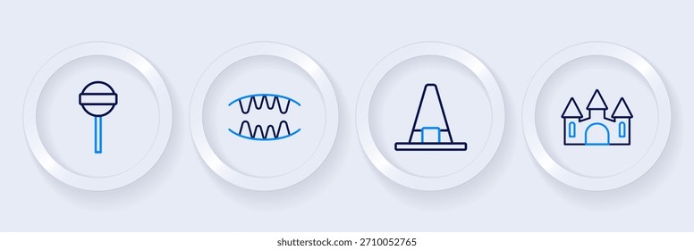 Set line Castle, Witch hat, Vampire teeth and Lollipop icon. Vector
