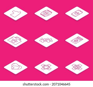 Set line Cat, Bag of food for pet, Online veterinary clinic symbol, Pet first aid kit, Paw print, Dog medicine bottle and pills, Heart with cat and Veterinary icon. Vector