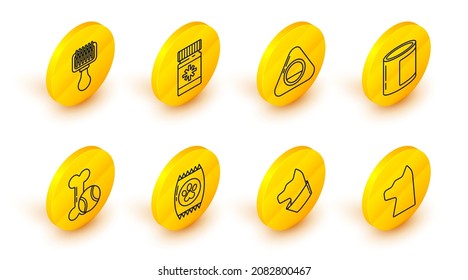 Set line Cat, Bag of food for pet, Pet toys bone rubber and ball, Canned, bed, Dog medicine bottle pills and Hair brush dog cat icon. Vector