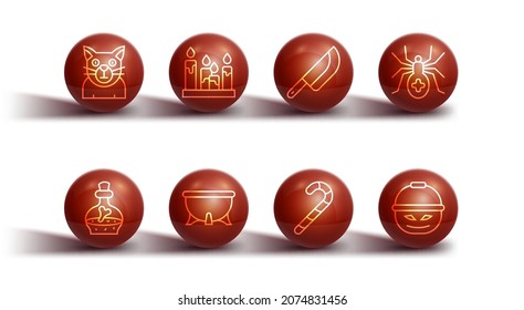 Set line Cat, Bottle with potion, Spider, Christmas candy cane, Halloween witch cauldron, Burning candle, Pumpkin basket for sweets and Knife icon. Vector