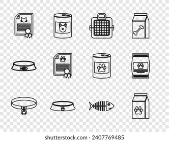 Set line Cat collar, Bag of food for pet, Pet carry case, bowl, Certificate dog cat, Fish skeleton and  icon. Vector