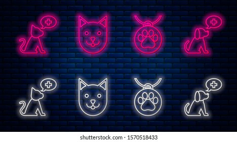 Set line Cat, Collar with name tag, Veterinary clinic symbol and Veterinary clinic symbol. Glowing neon icon on brick wall. Vector