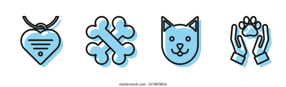 Set line Cat, Collar with name tag and heart, Crossed bones and Hands with animals footprint icon. Vector