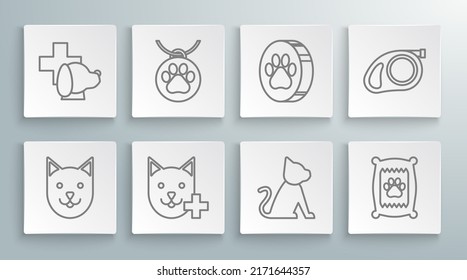 Set line Cat, Collar with name tag, Veterinary clinic symbol, Bag of food for dog, Paw print, Retractable cord leash carabiner and  icon. Vector