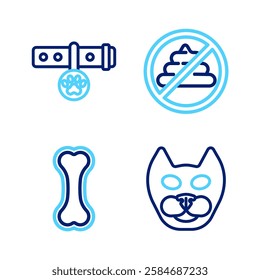 Set line Cat, Dog bone, No shit and Collar with name tag icon. Vector