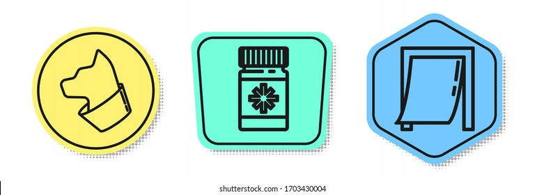 Set line Cat, Dog medicine bottle and pills and Door for pet. Colored shapes. Vector