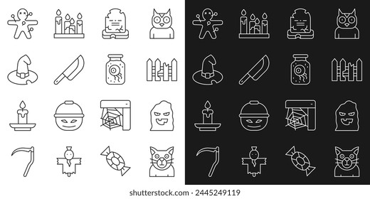 Set line Cat, Funny and scary ghost mask, Garden fence wooden, Tombstone with RIP written, Knife, Witch hat, Voodoo doll and Eye in jar icon. Vector