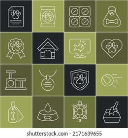 Set line Cat litter tray with shovel, Pet toys ball, Heart animals footprint, Dog pill, house, award symbol, Medical clinical record pet and Fish icon. Vector