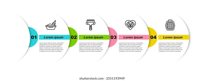 Set line Bandeja de arena para gatos con pala, Cepillo de pelo para perro y gato, Estuche de transporte para corazón y mascotas. Plantilla de infografía de negocios. Vector