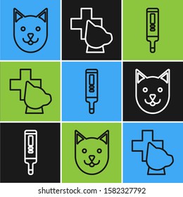 Set line Cat, Medical digital thermometer and Veterinary clinic symbol icon. Vector