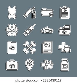 Set line Cat medicine bottle, Veterinary clinic, Medical veterinary record folder, Syringe with pet vaccine, Dog and bone and pills icon. Vector