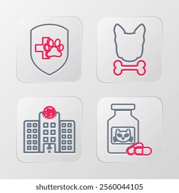 Set line Cat medicine bottle and pills, Veterinary hospital, Dog bone and Animal health insurance icon. Vector