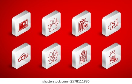 Set line Cat medicine bottle and pills, Paw print, Clinical record pet, Veterinary clinic, hospital, cat on laptop,  and  icon. Vector