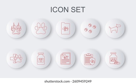 Set line Cat medicine bottle and pills, Veterinary clinic, Clinical record pet, Paw print, Dog and Medical certificate for dog cat icon. Vector