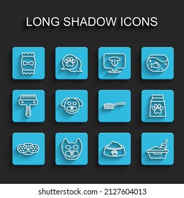 Set line Cat nose, Bag of food for pet, Pet bowl, litter tray with shovel, Dog, and Hair brush dog and cat icon. Vector