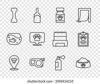 Set line Katzen Nase, Pet Food Schüssel, Arzneimittel Flasche und Tabletten, Retractable Schnur Leine, Hunde Knochen, Standort Veterinär-Krankenhaus, Shampoo und klinische Aufzeichnungen Haustier Symbol. Vektorgrafik
