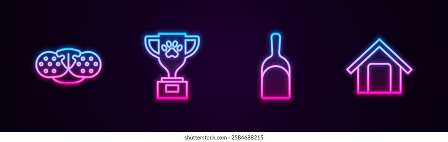 Set line Cat nose, Pet award, Dustpan and Dog house. Glowing neon icon. Vector