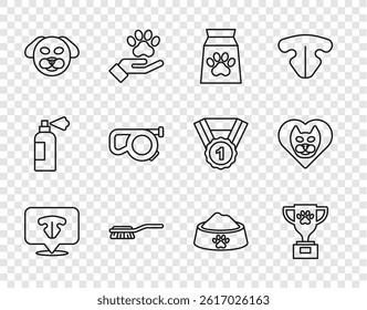 Set line Cat nose, Pet award, Bag of food for pet, Hair brush dog and cat, Dog, Retractable cord leash, bowl and Heart with icon. Vector