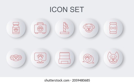 Set line Cat, nose, scratching post, Paw print, Medicine bottle and pills, Pet first aid kit, Location veterinary hospital and Dog shit bag icon. Vector