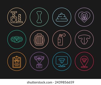 Set line Katzennase, Scheiße, Pet Tragetasche, Kratzbaum, Shampoo und Hundeknochen-Symbol. Vektor