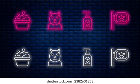 Set line Cat, Pet shampoo, Pets bath and grooming. Glowing neon icon on brick wall. Vector