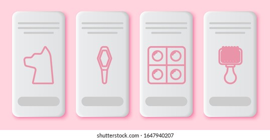 Set line Cat, Pets vial medical, Dog and pills and Hair brush for dog and cat. White rectangle button. Vector