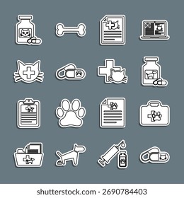 Set line Cat and pills, Pet first aid kit, Dog medicine bottle, Medical certificate for dog or cat, Veterinary clinic,  and  icon. Vector