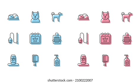 Set line Cat scratching post, Hair brush for dog and cat, Pet bed, shampoo, Calendar grooming, carry case, toy and  icon. Vector
