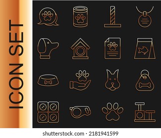 Set line Cat scratching post with toy, Dog collar bone, Food for fish, house, Paw print and Medical clinical record pet icon. Vector