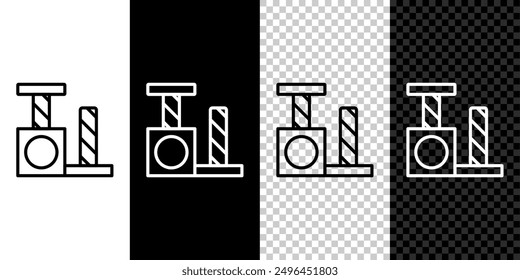 Set línea Gato rascando el poste con el icono del juguete aislado en blanco y negro, fondo transparente.  Vector