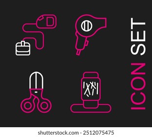 Set line Cat scratching post, Scissors hairdresser, Hair dryer and Retractable cord leash icon. Vector