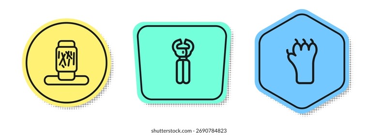 Set line Cat scratching post, Pet nail clippers and Paw print. Colored shapes. Vector