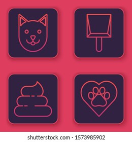Set line Cat, Shit, Dustpan and Heart with animals footprint. Blue square button. Vector