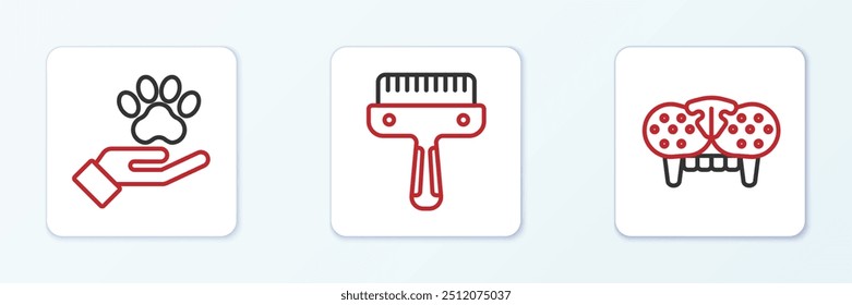 Set line Cat tooth, Hands with animals footprint and Hair brush for dog cat icon. Vector