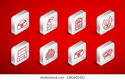 Fijar la línea Gato diente, Champú mascota, Tapón Clínico, tazón de comida, estuche para llevar y el icono de la bolsa de mierda Perro. Vector