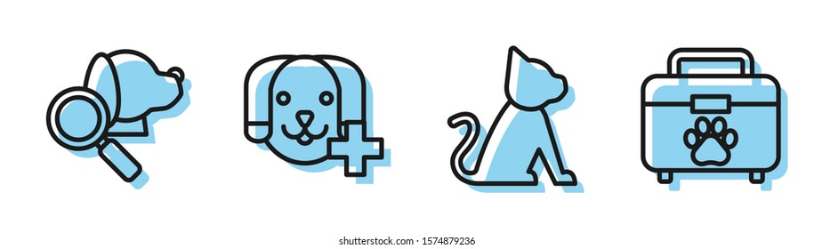 Set line Cat, Veterinary clinic symbol, Veterinary clinic symbol and Pet first aid kit icon. Vector