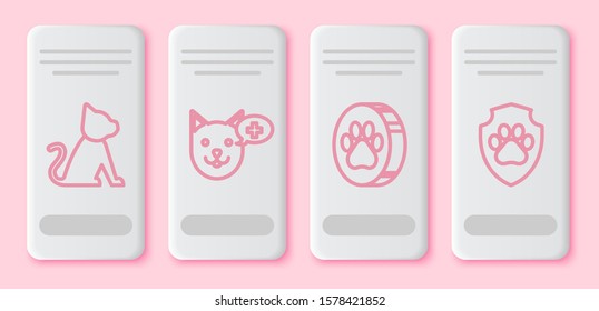 Set line Cat, Veterinary clinic symbol, Paw print and Animal health insurance. White rectangle button. Vector