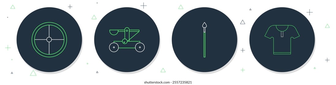 Set line Catapult shooting stones, Medieval spear, Round wooden shield and Body armor icon. Vector