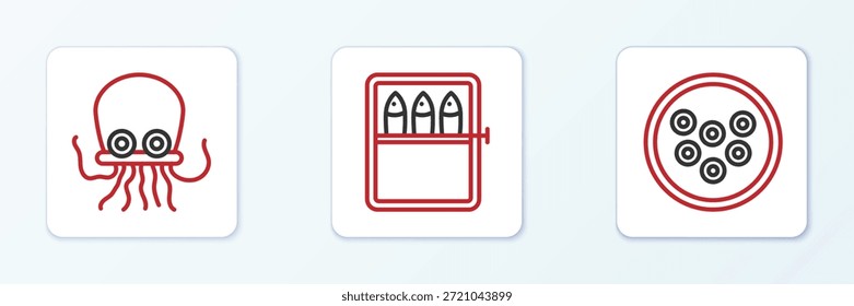 Establecer línea Caviar en un plato, pulpo y pescado enlatado icono. Vector