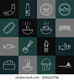 Set line Caviar on a spoon, Shark, Sushi cutting board, Jellyfish plate, fin soup, Sea cucumber, Shrimp and Puffer icon. Vector