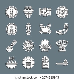 Set line Caviar on a spoon, Scallop sea shell, Shrimp, Served fish plate, Octopus, Fish steak,  and Crab icon. Vector