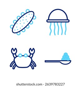 Set line Caviar on a spoon, Crab, Jellyfish and Sea cucumber icon. Vector