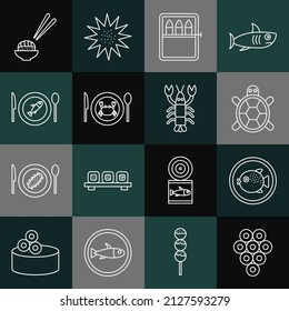 Set line Caviar, Puffer fish on plate, Turtle, Canned, Served crab, Sushi and Lobster icon. Vector